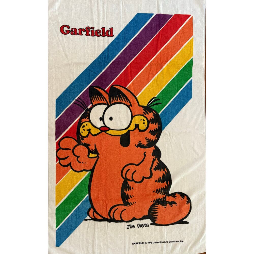 Vintage Rainbow Garfield Burlington Bath Towel‎ Retro 80's Jim Davis Cartoon Cat